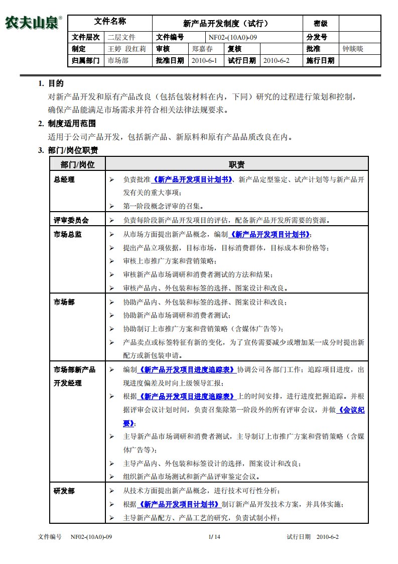 新产品开发规范制度(试行)-农夫山泉NF02-(10A0)