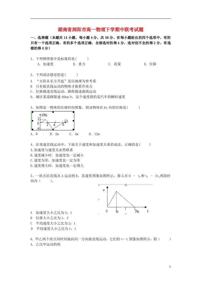 湖南省浏阳市高一物理下学期中联考试题