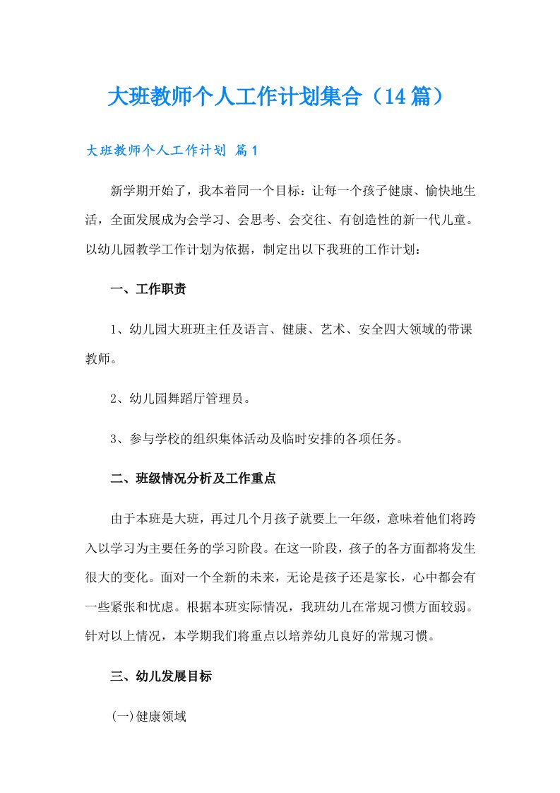 大班教师个人工作计划集合（14篇）