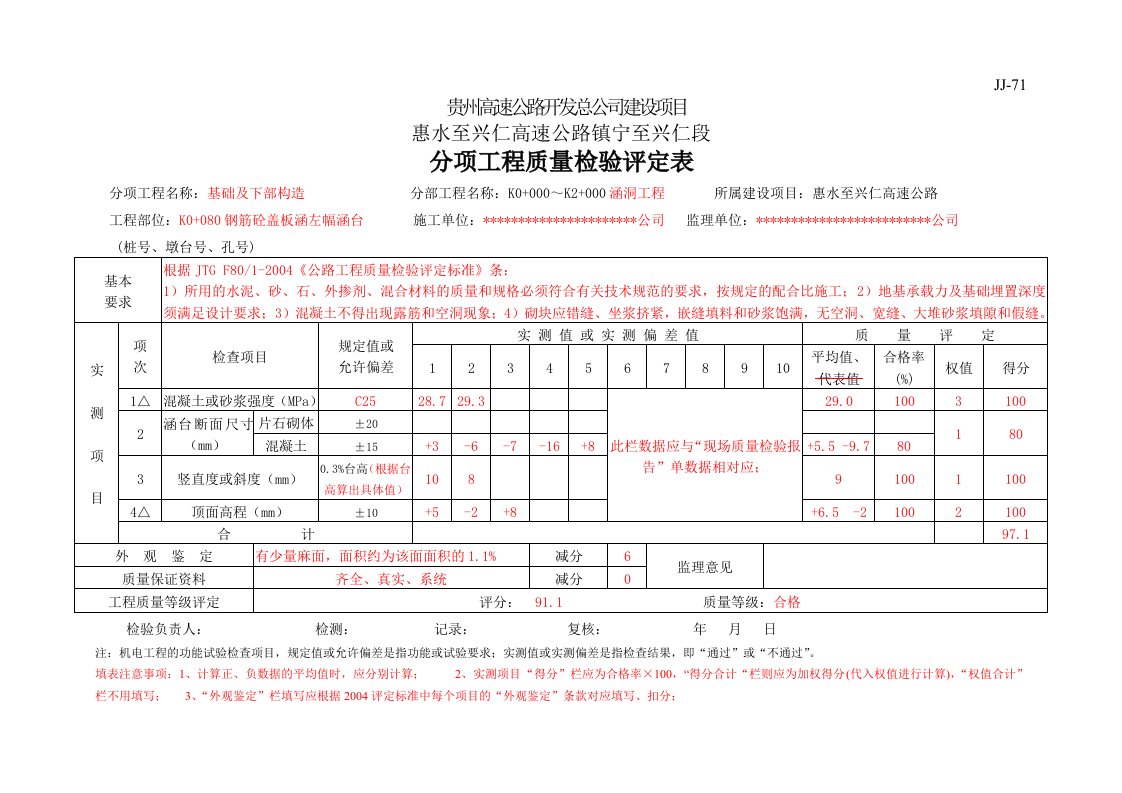 分项工程质量检验评定表样表