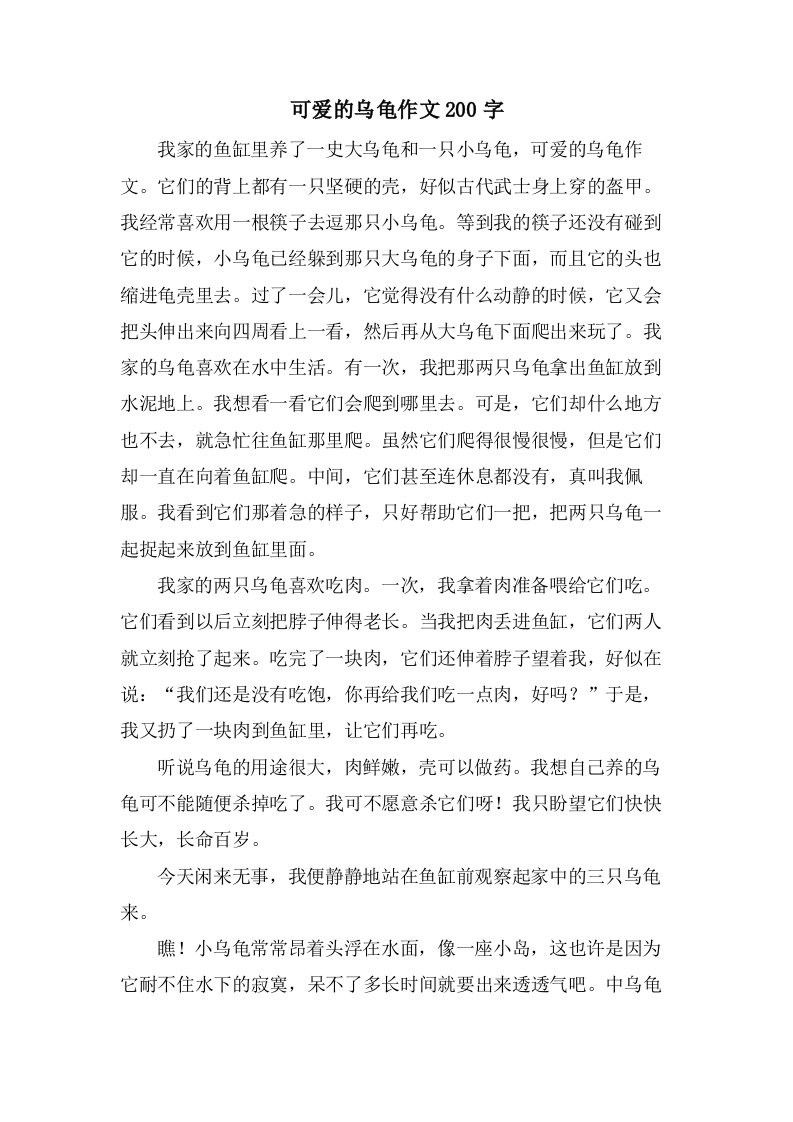 可爱的乌龟作文200字