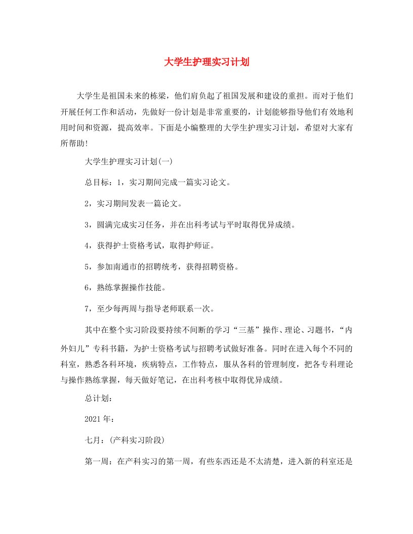 大学生护理实习计划WORD版