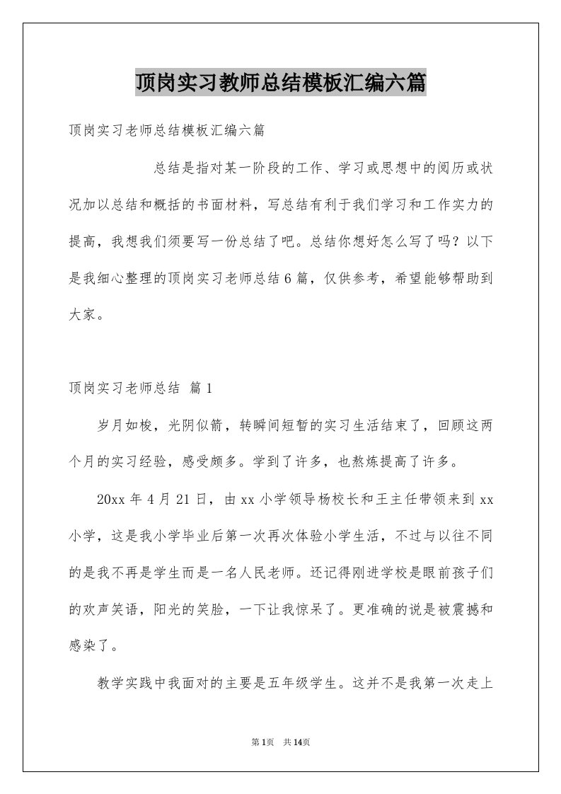 顶岗实习教师总结模板汇编六篇