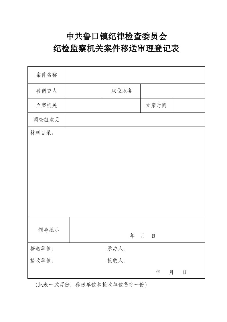 纪检监察机关案件移送审理登记表