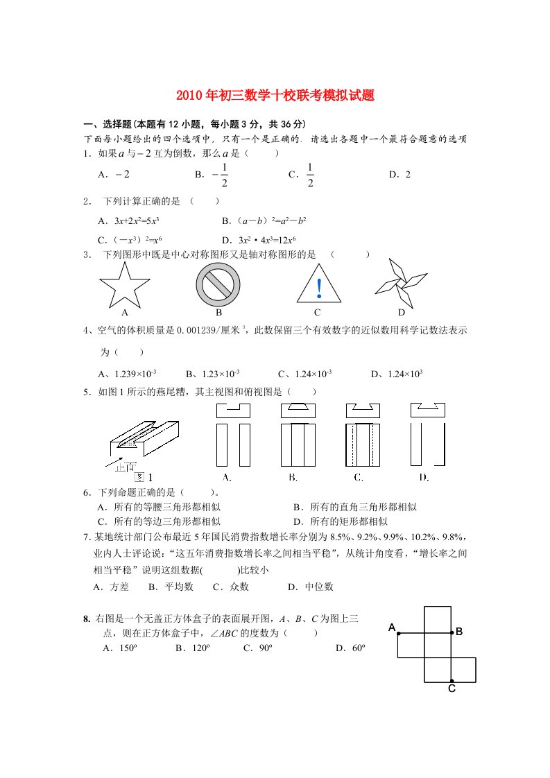 2010年九年级数学十校联考模拟试题华东师大版