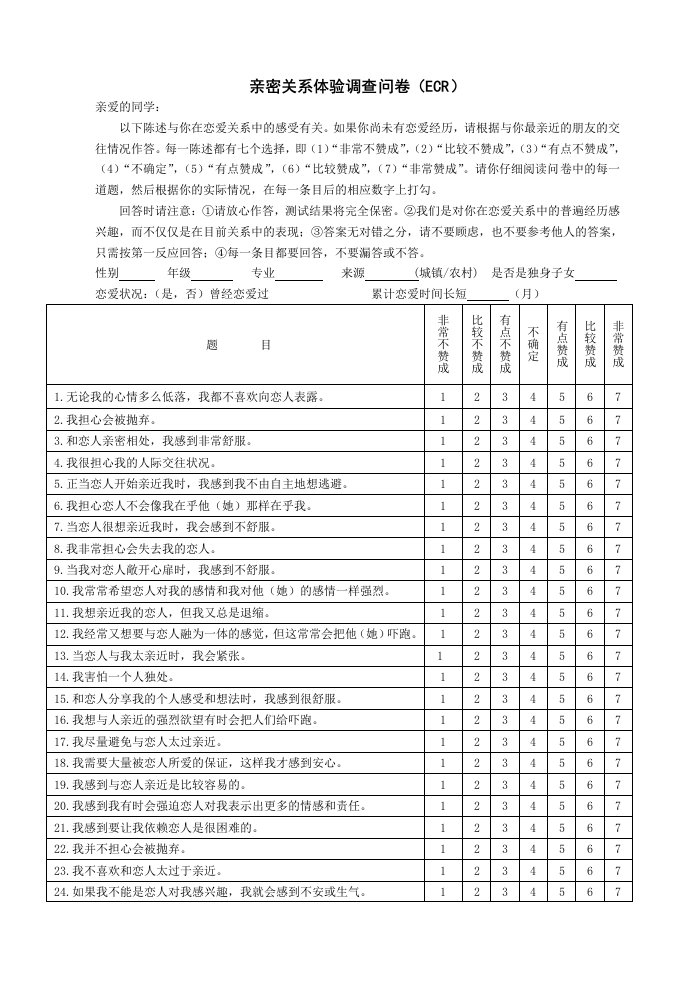 亲密关系体验调查问卷ECR