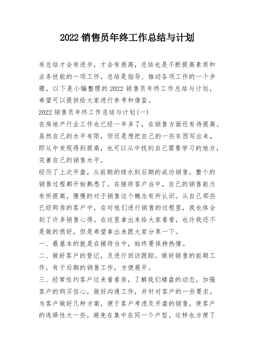 2022销售员年终工作总结与计划