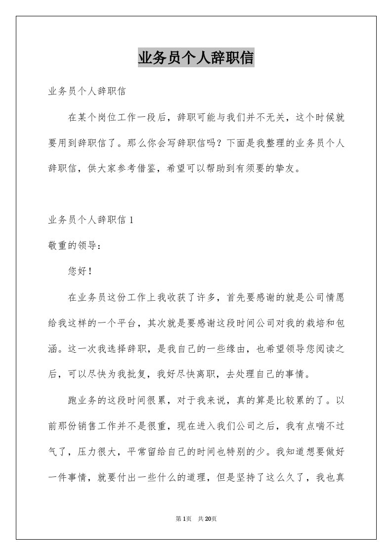 业务员个人辞职信例文