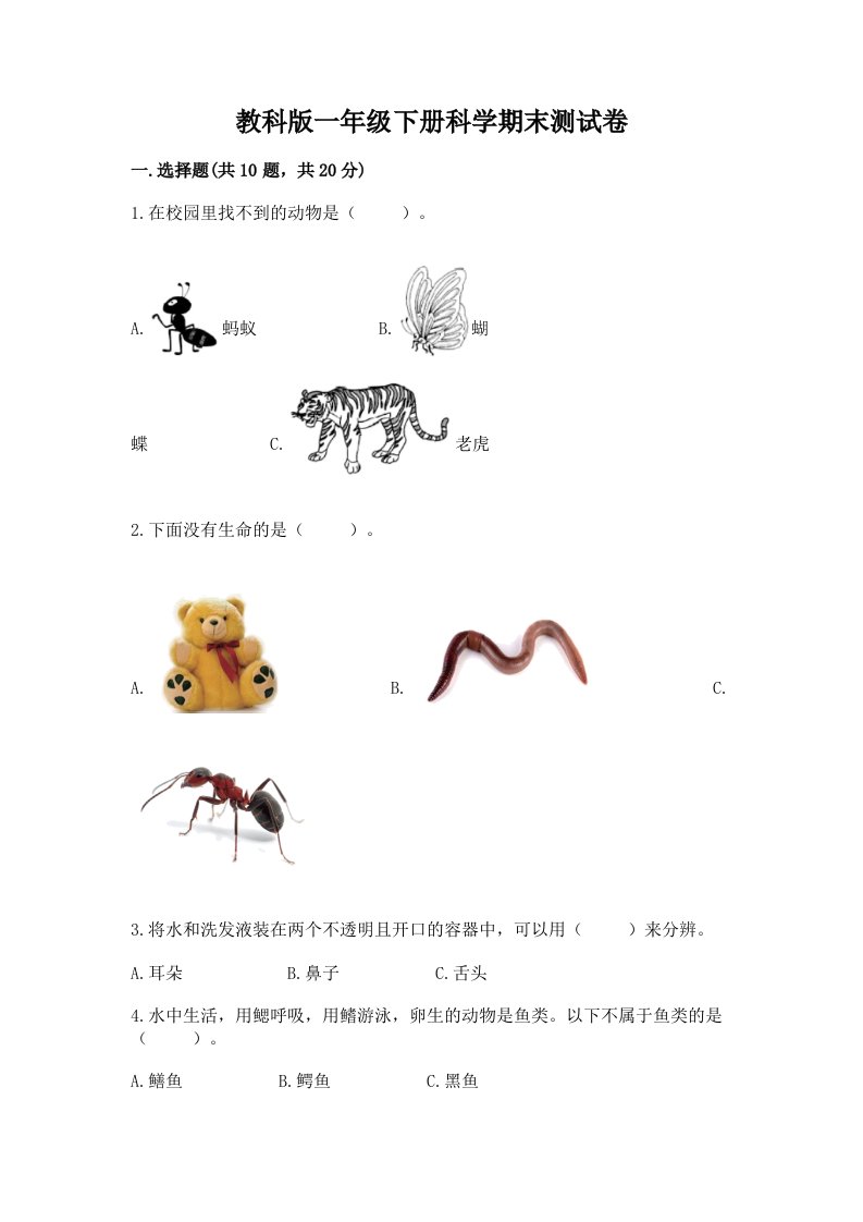 教科版一年级下册科学期末测试卷及答案（历年真题）