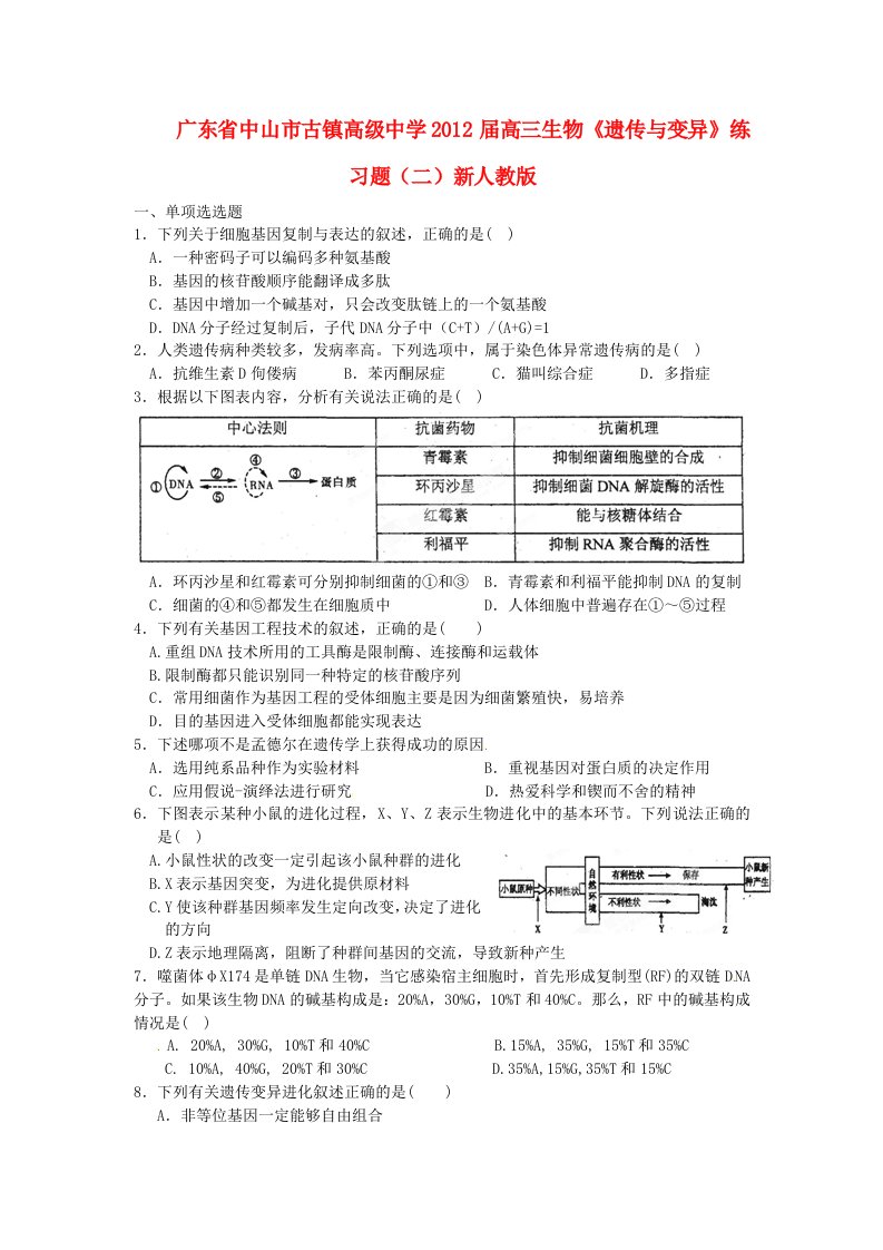 广东省中山市古镇高级中学2012届高三生物《遗传与变异》练习题（二）新人教版