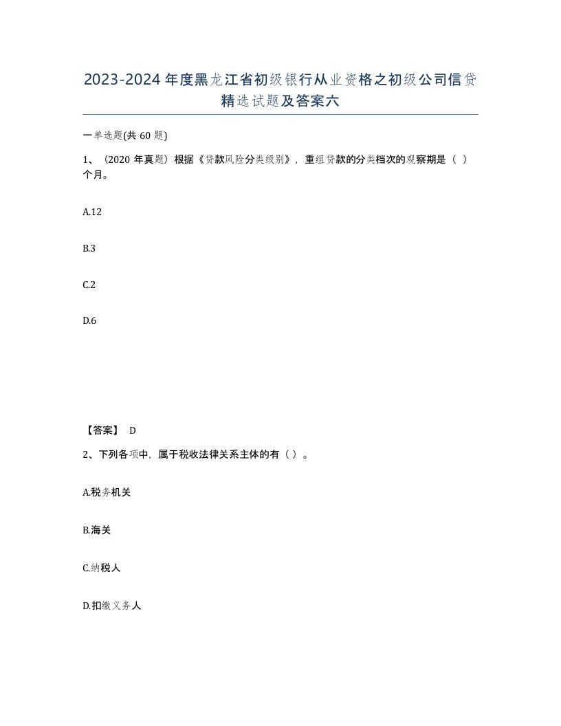 2023-2024年度黑龙江省初级银行从业资格之初级公司信贷试题及答案六