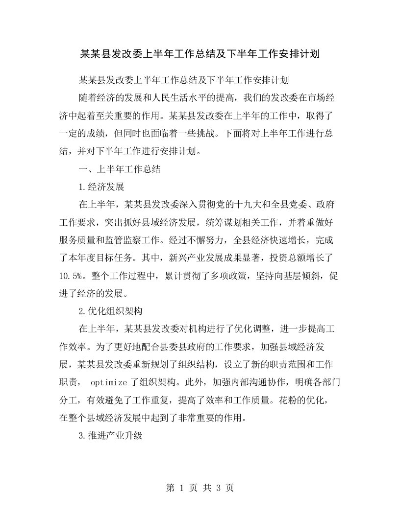 某某县发改委上半年工作总结及下半年工作安排计划