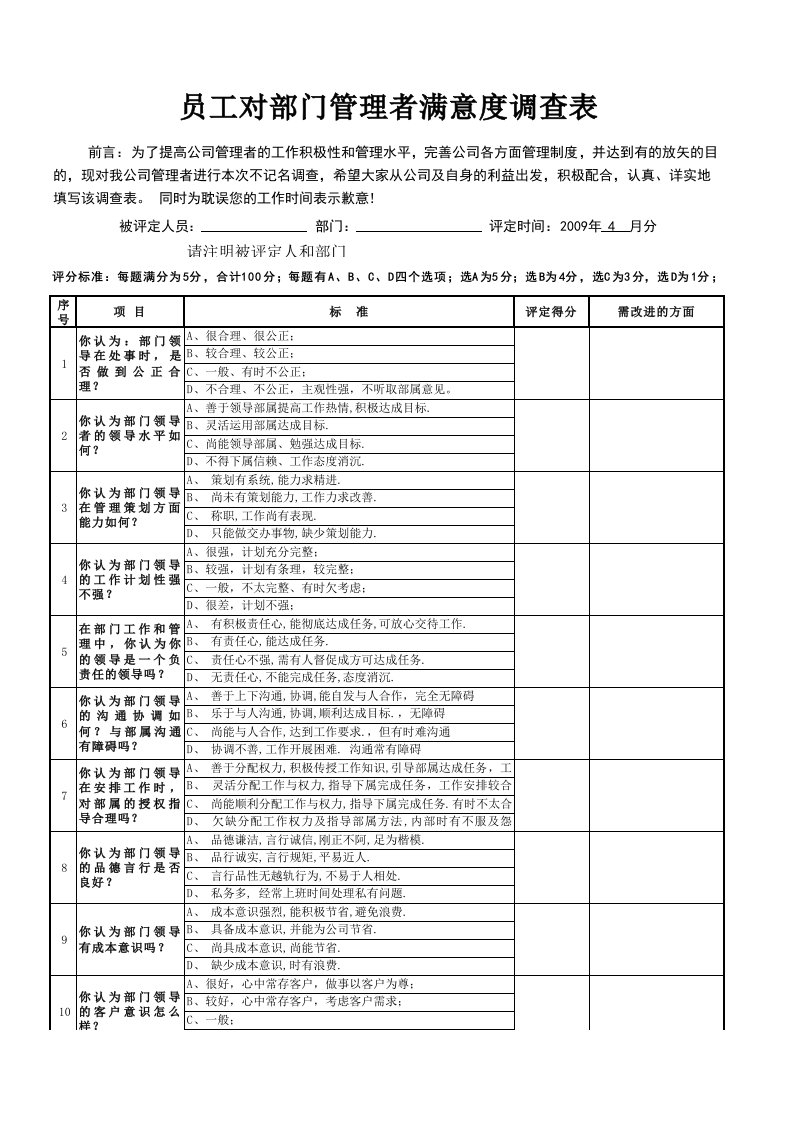 部门员工满意度调查测评表