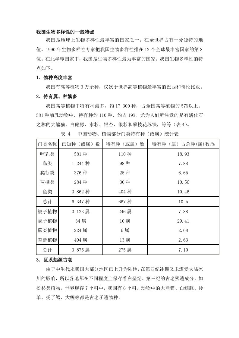 我国生物多样性的特点