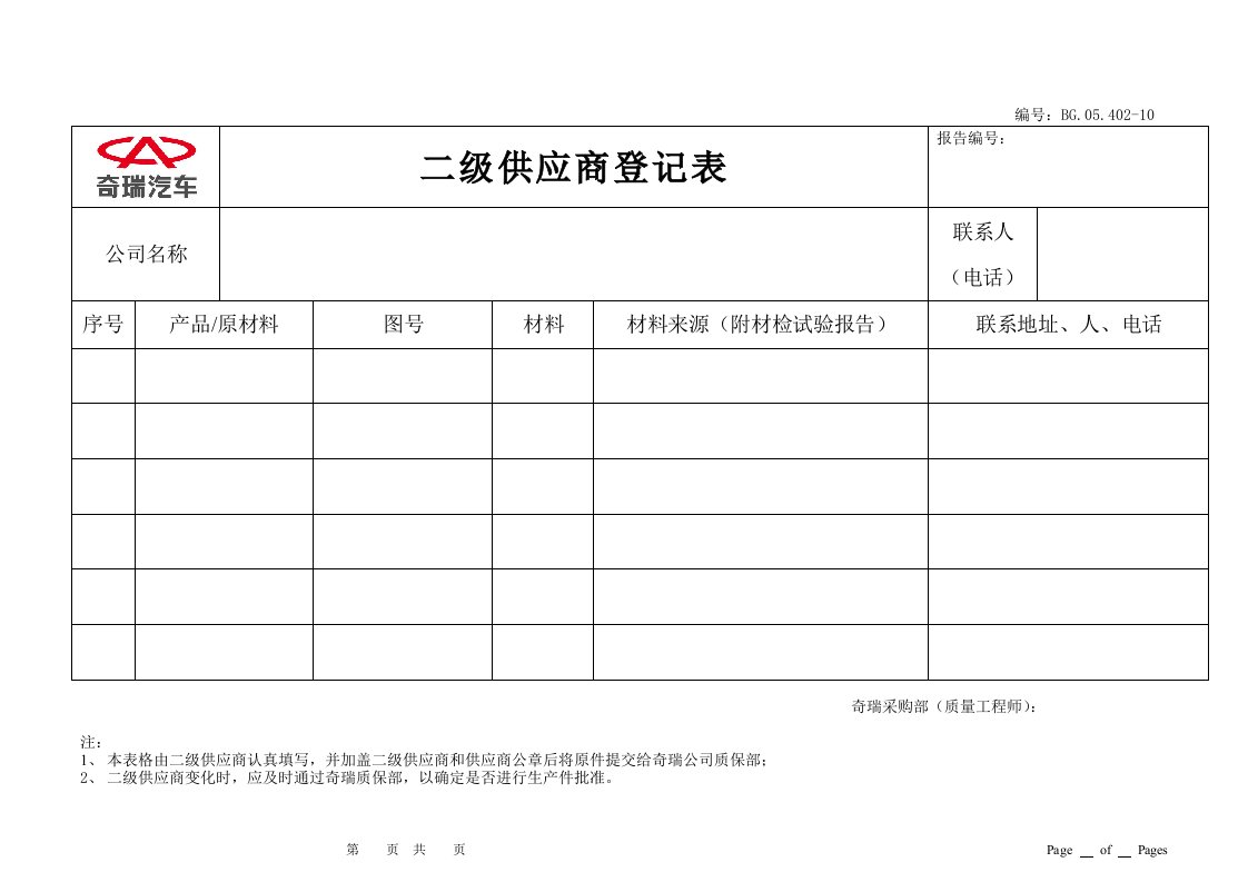 APQP第四阶段状态报告及表格格式二级供应商登记表-生产制度表格