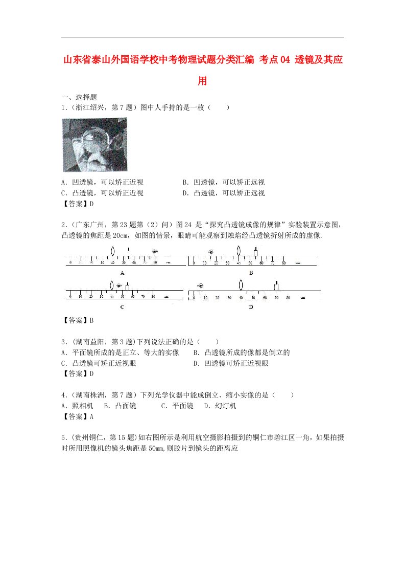 山东省泰山外国语学校中考物理试题分类汇编