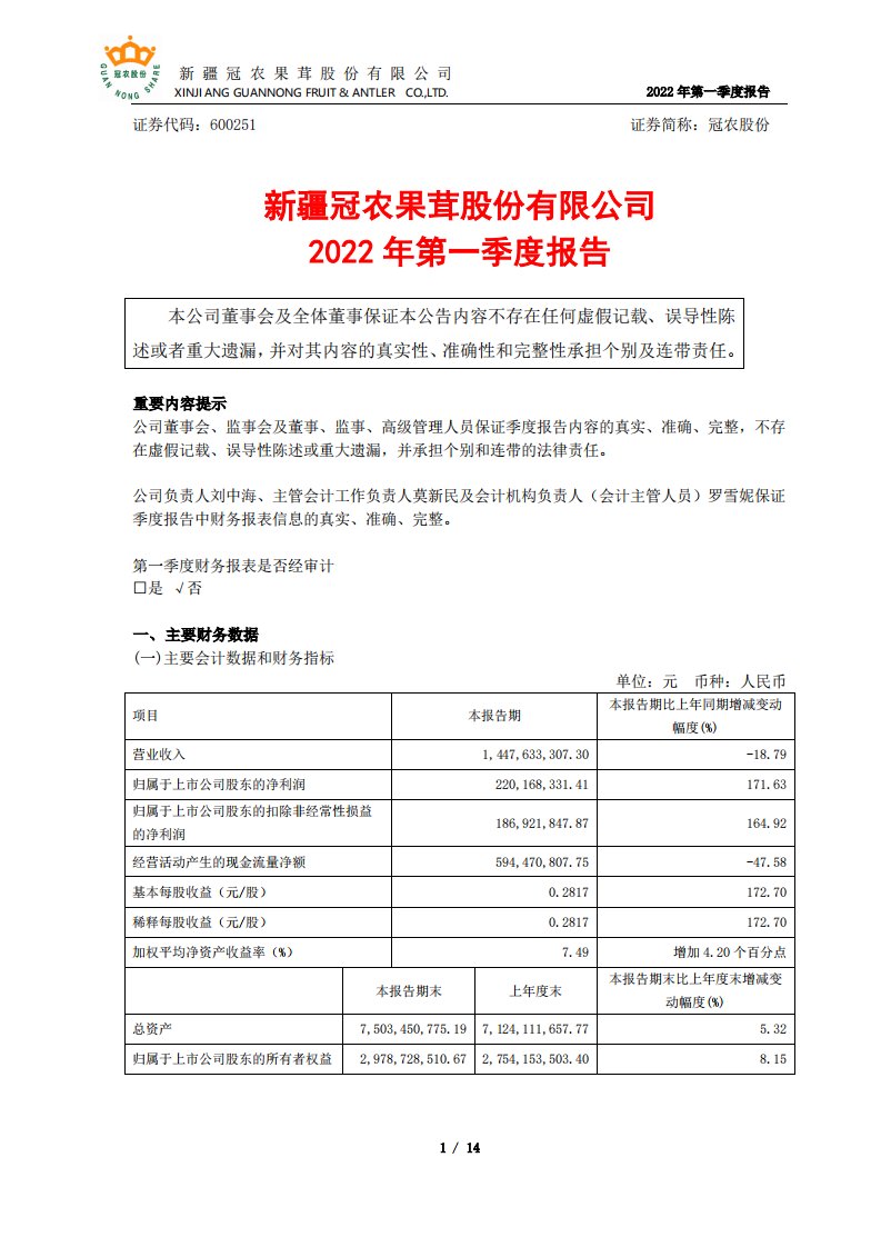 上交所-新疆冠农果茸股份有限公司2022年一季度报告-20220422