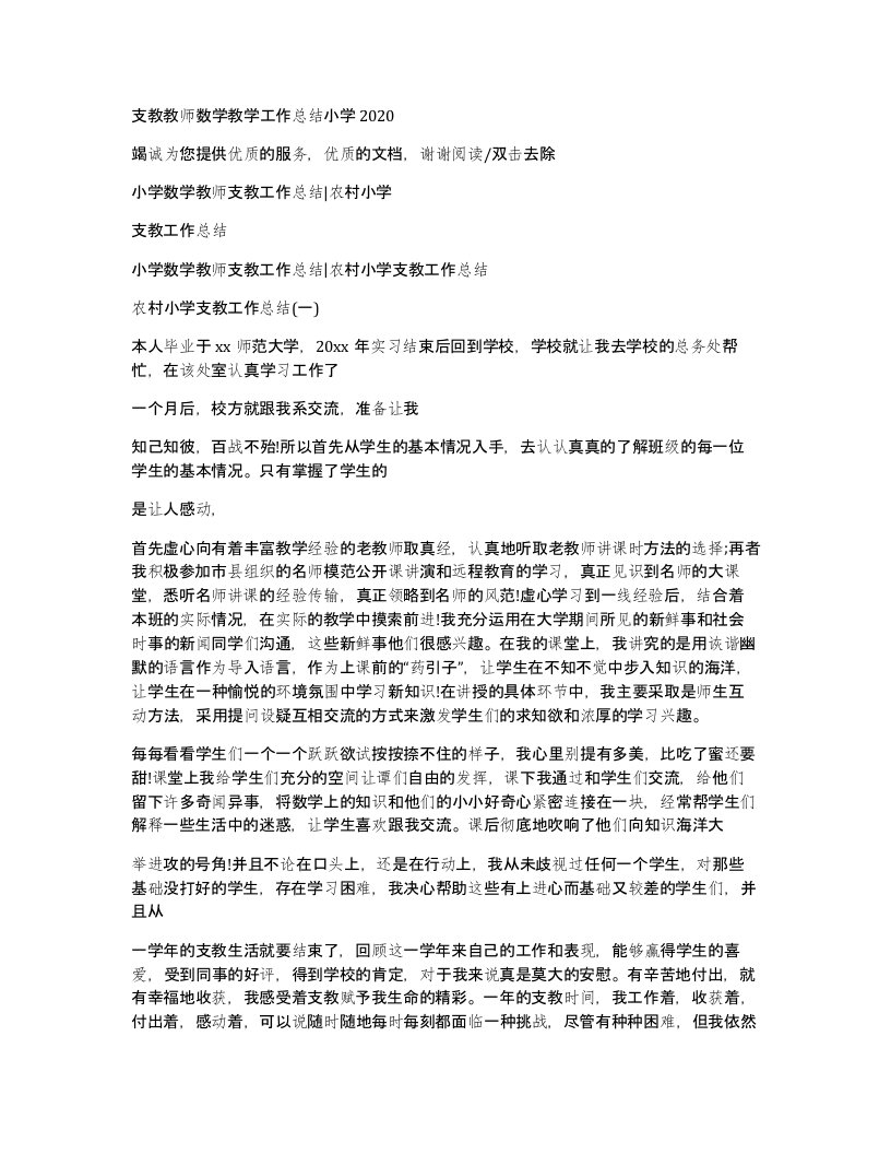 支教教师数学教学工作总结小学2020