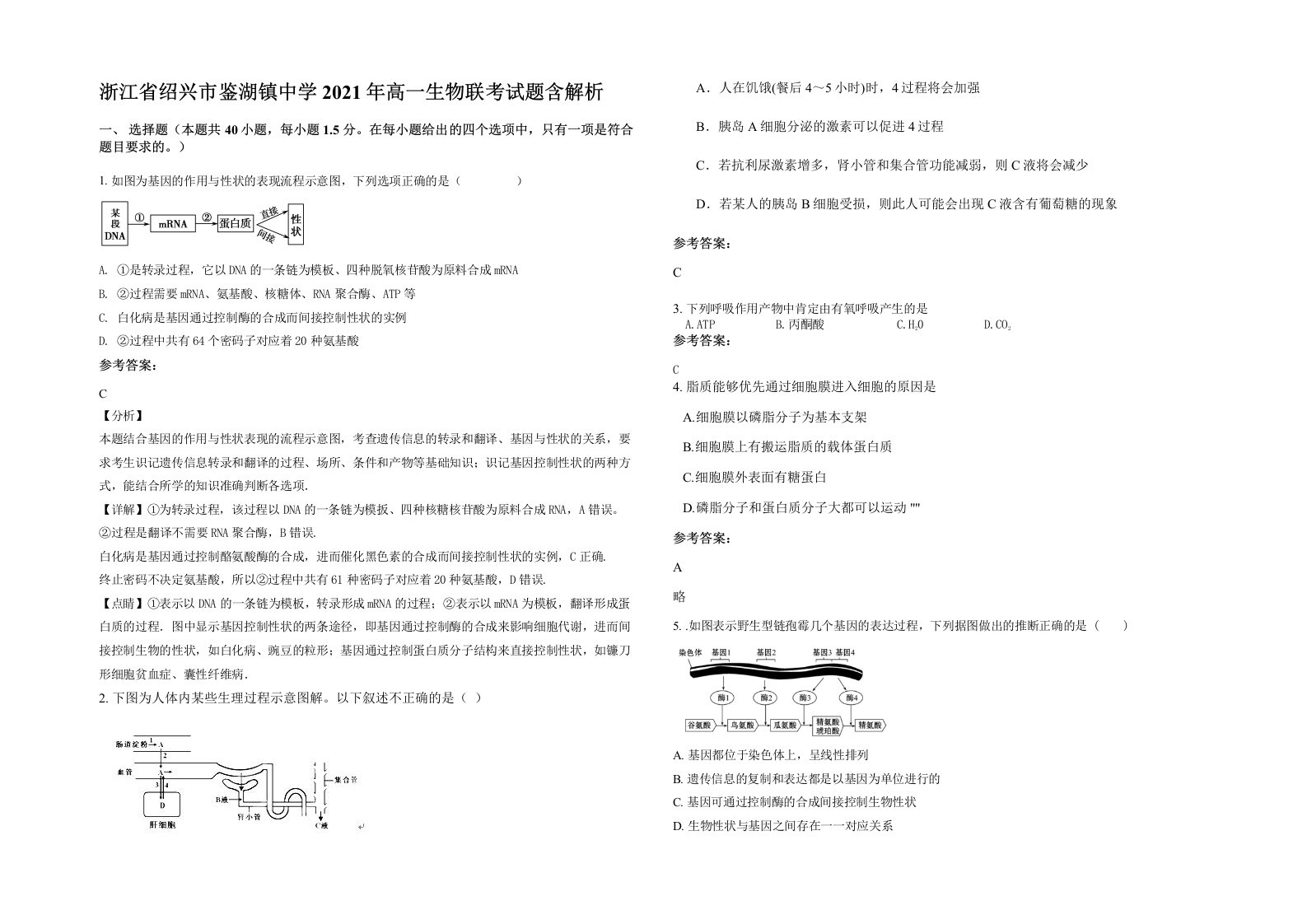 浙江省绍兴市鉴湖镇中学2021年高一生物联考试题含解析