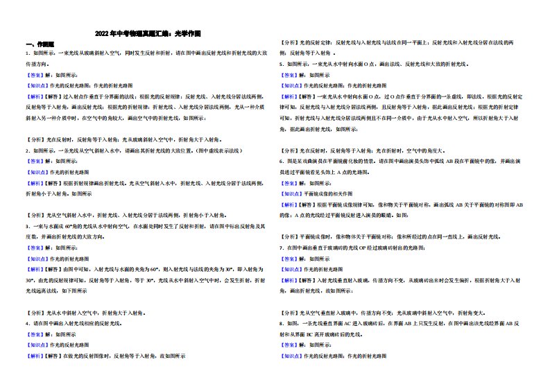 2022年中考物理真题汇编：光学作图（附解析）