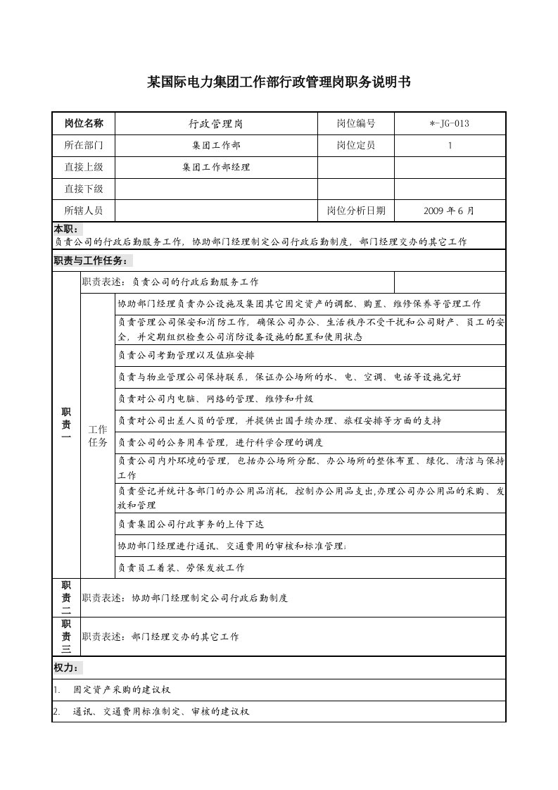 电力集团工作部行政管理岗职务说明书