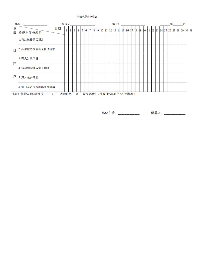 切管机保养点检表