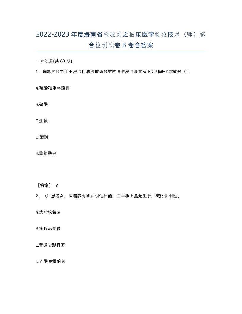 2022-2023年度海南省检验类之临床医学检验技术师综合检测试卷B卷含答案