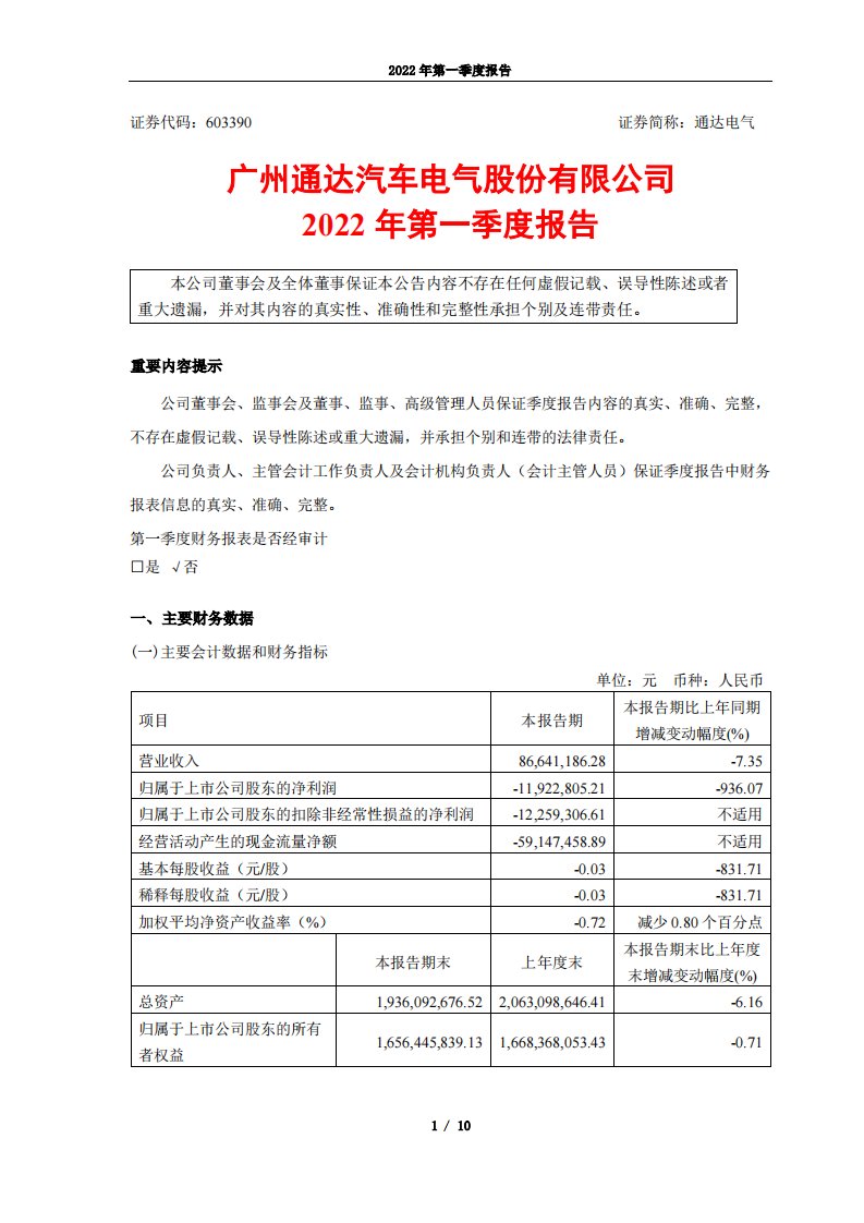 上交所-广州通达汽车电气股份有限公司2022年第一季度报告-20220427