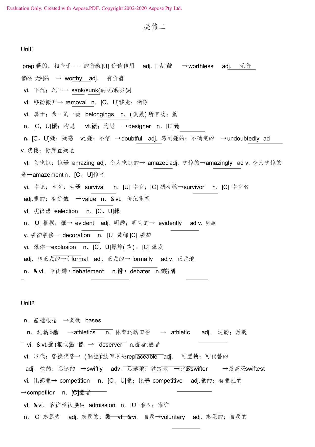 人教版高中英语必修2重点词词性转换