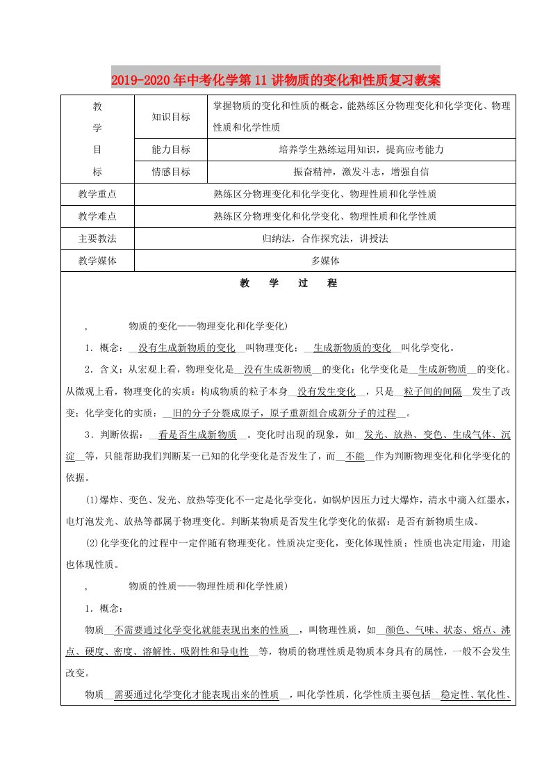 2019-2020年中考化学第11讲物质的变化和性质复习教案