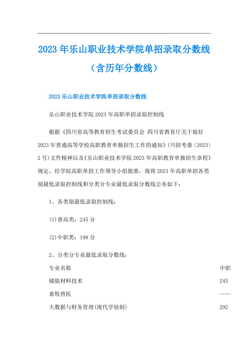 乐山职业技术学院单招录取分数线（含历年分数线）