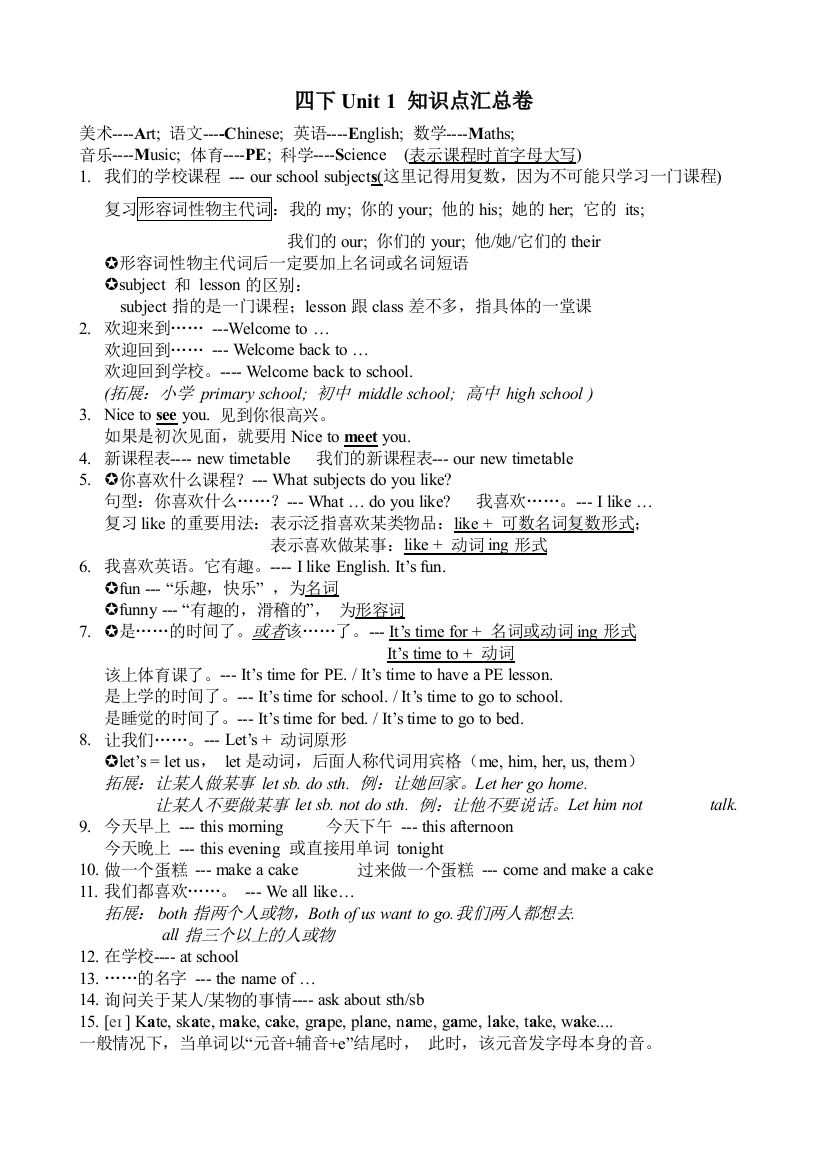 (完整word版)苏教版四年级下册Unit1知识点汇总卷-推荐文档