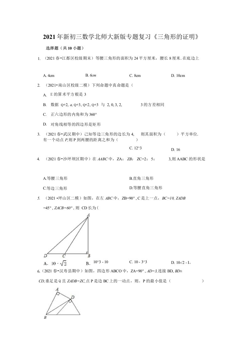 2021年新初三数学北师大新版专题复习《三角形的证明》