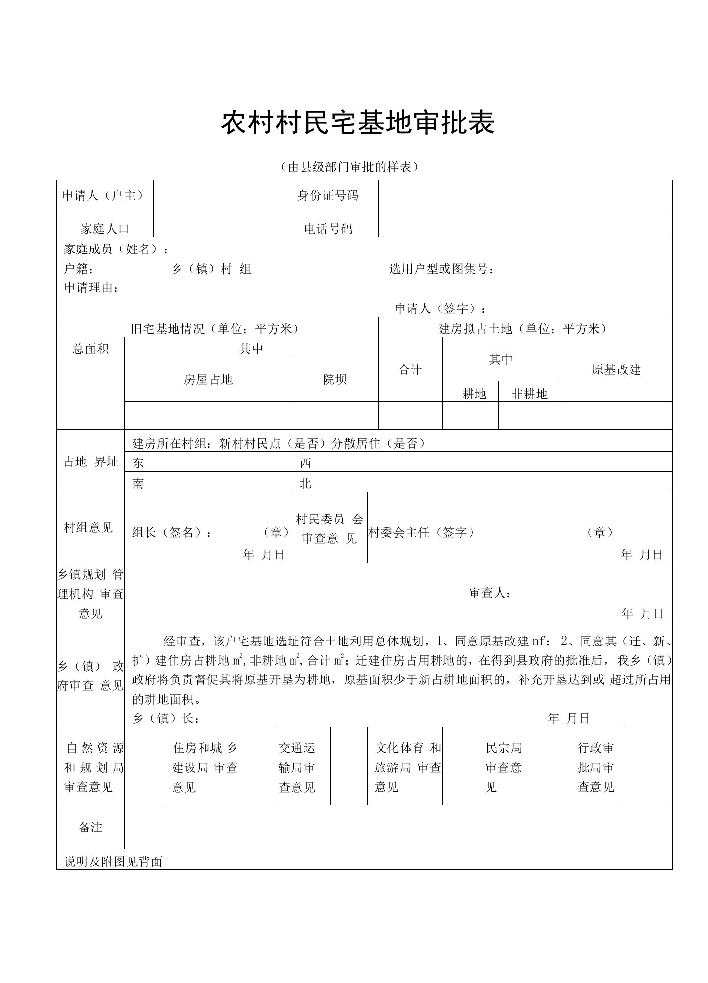 农村村民宅基地审批表