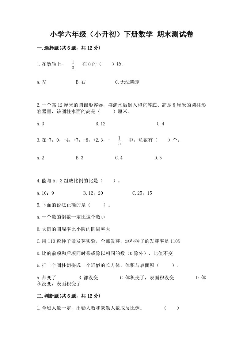 小学六年级（小升初）下册数学