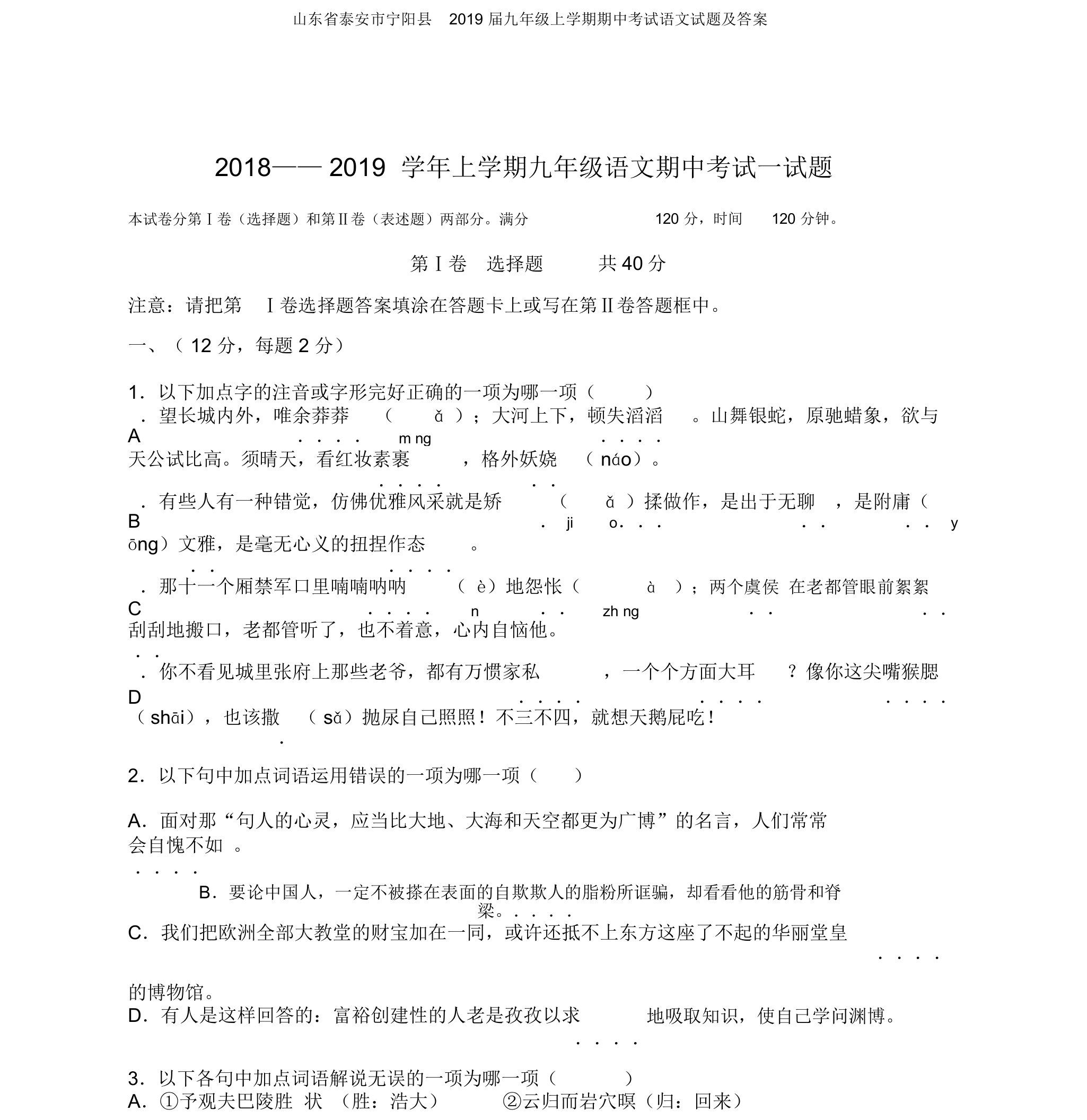 山东省泰安市宁阳县2019届九年级上学期期中考试语文试题及答案