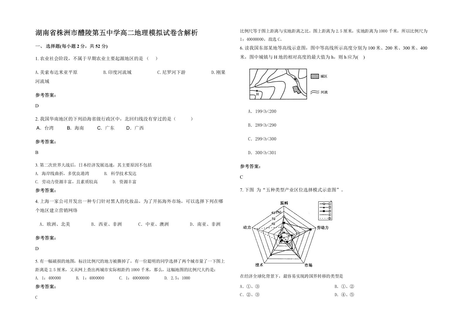 湖南省株洲市醴陵第五中学高二地理模拟试卷含解析