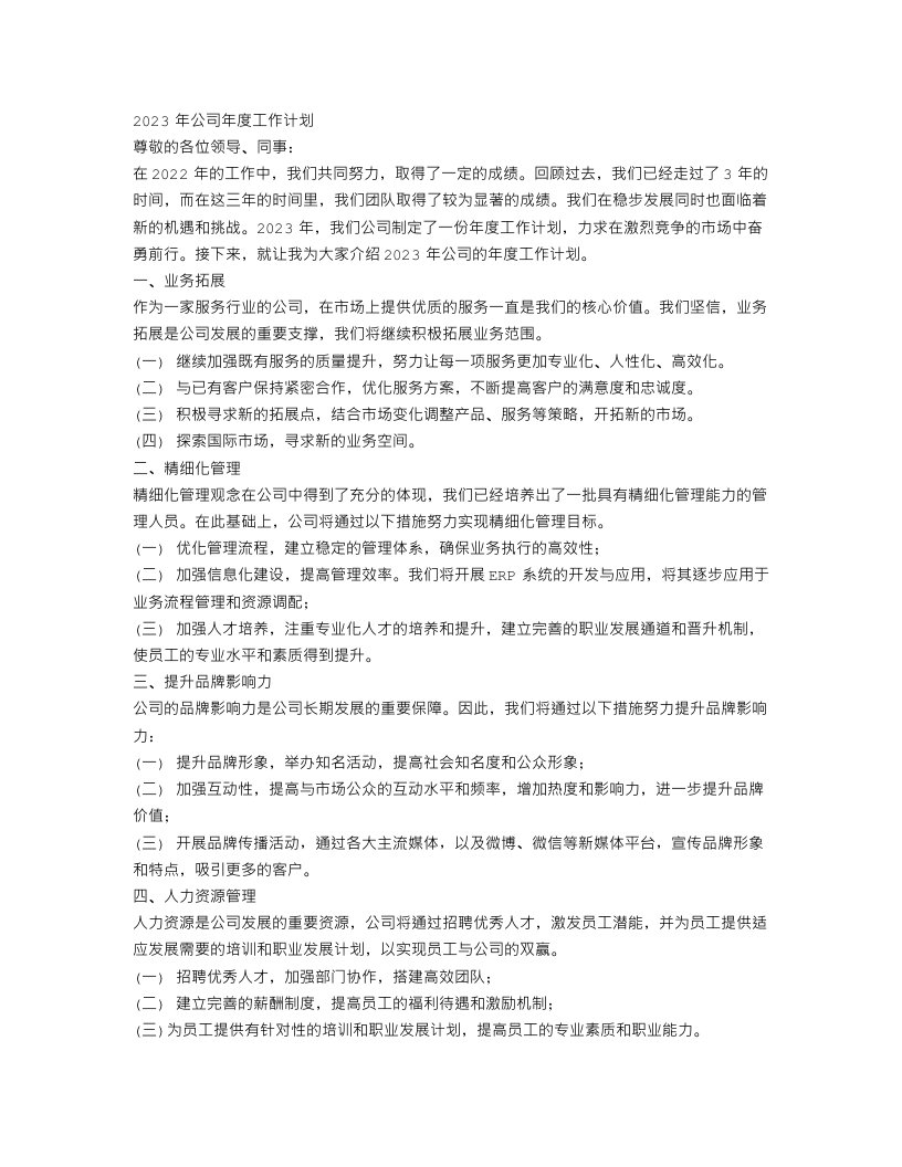 公司年度工作计划范文2023