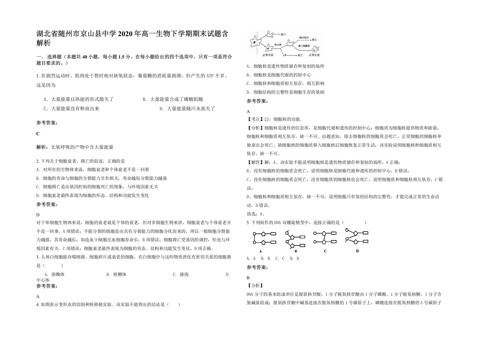 湖北省随州市京山县中学2020年高一生物下学期期末试题含解析