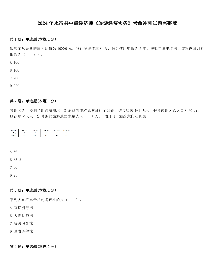 2024年永靖县中级经济师《旅游经济实务》考前冲刺试题完整版