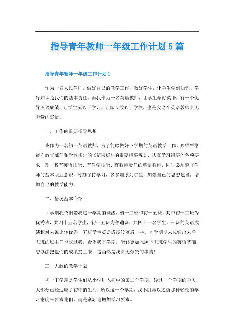 指导青年教师一年级工作计划5篇