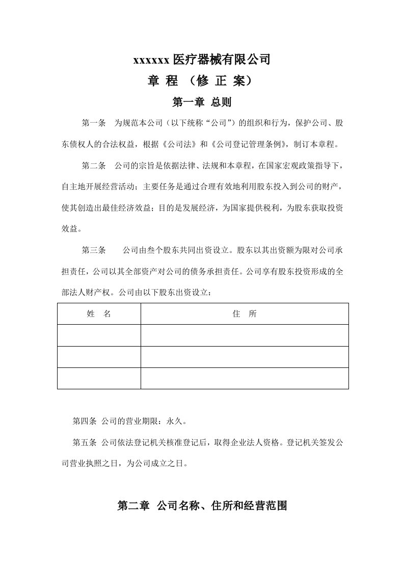 医疗器械公司章程修正案