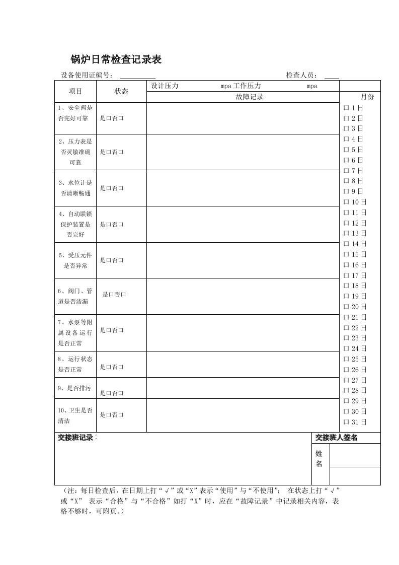 锅炉日常检查记录表