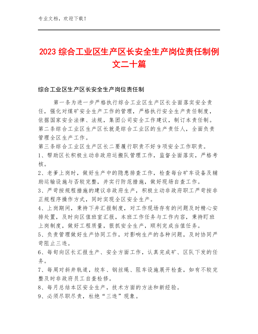 2023综合工业区生产区长安全生产岗位责任制例文二十篇