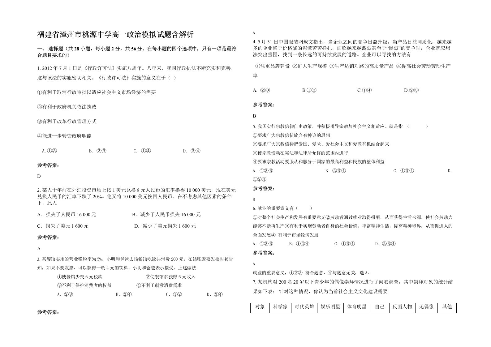 福建省漳州市桃源中学高一政治模拟试题含解析