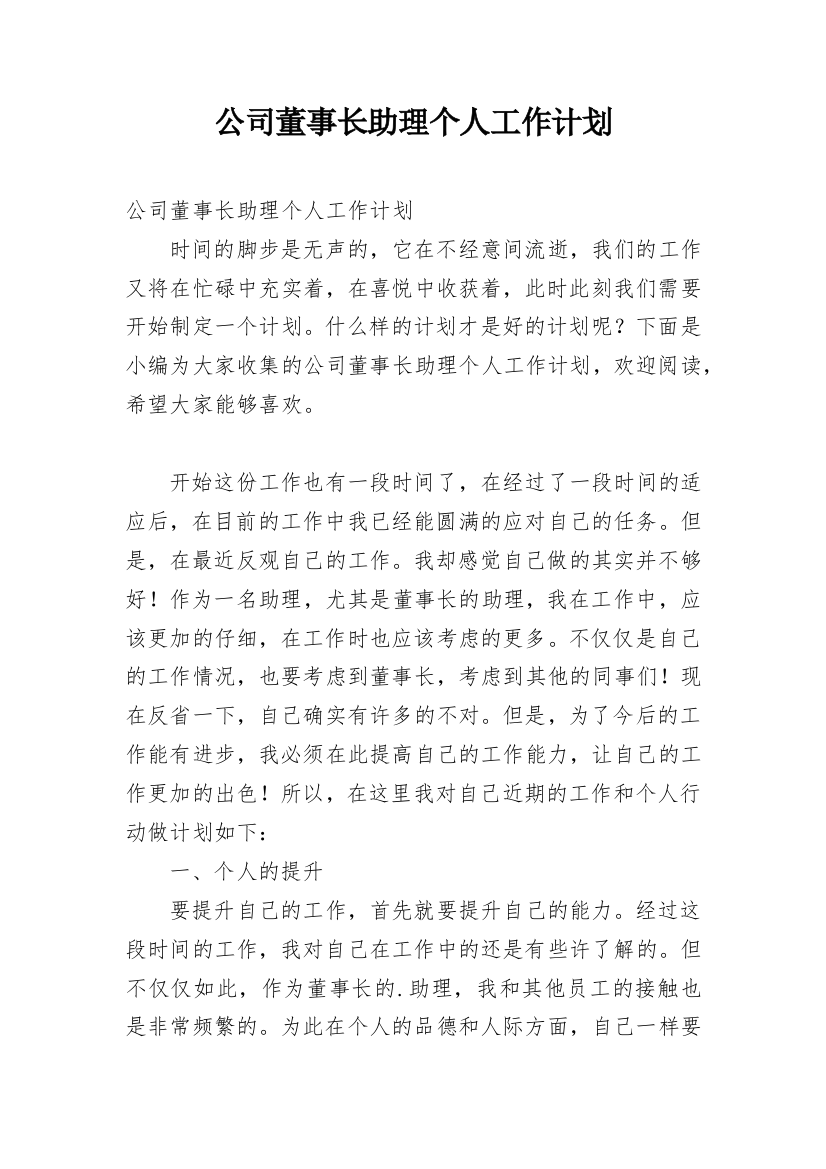 公司董事长助理个人工作计划