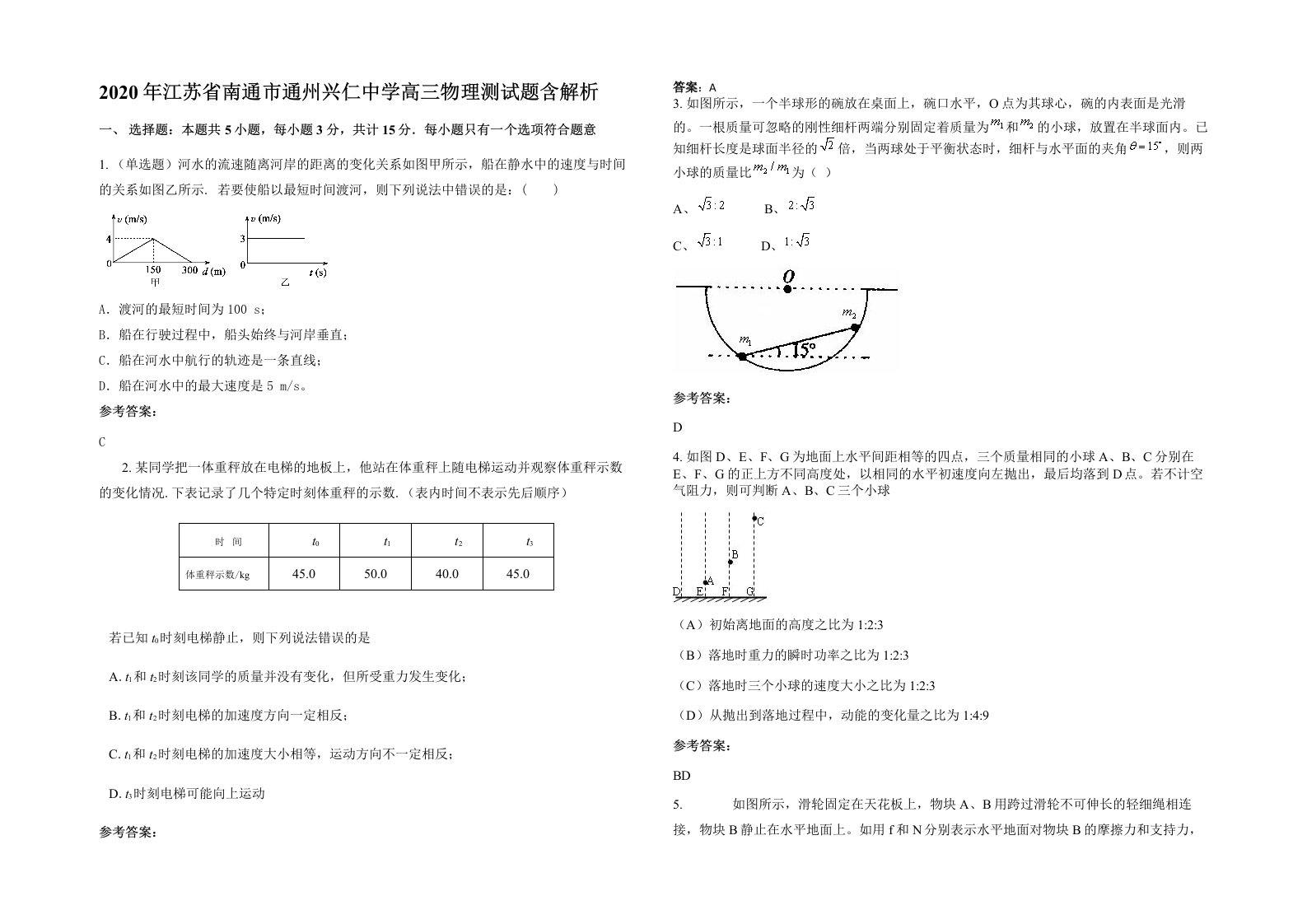 2020年江苏省南通市通州兴仁中学高三物理测试题含解析