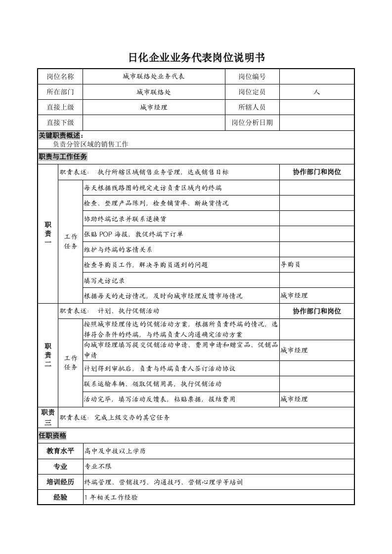 日化行业-日化企业业务代表岗位说明书