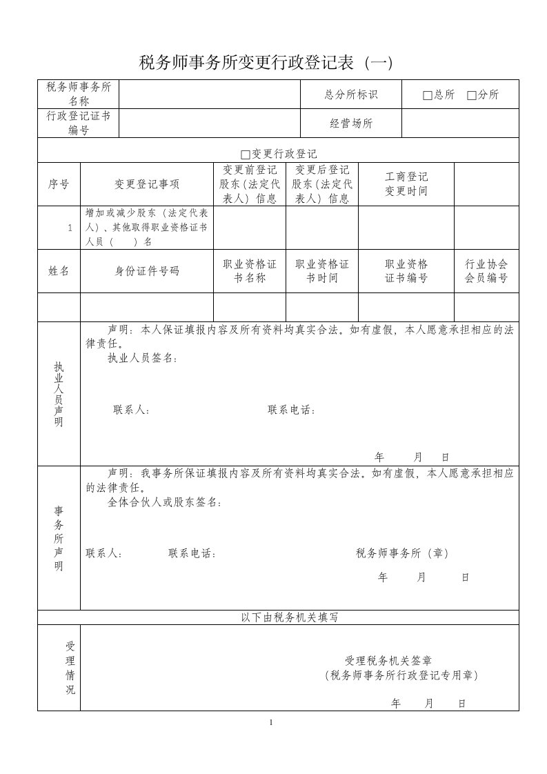 税务师事务所变更行政登记表