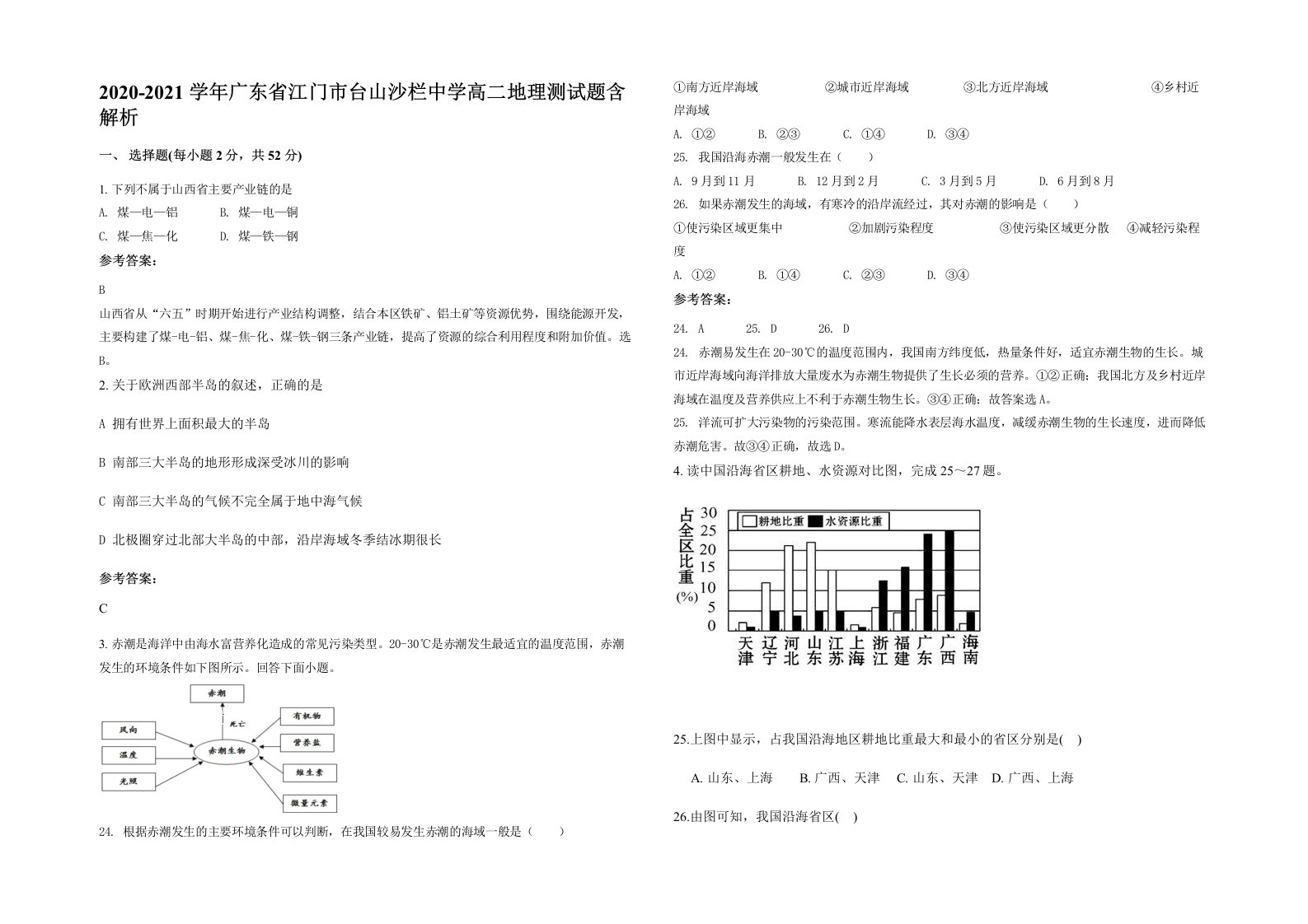 2020-2021学年广东省江门市台山沙栏中学高二地理测试题含解析